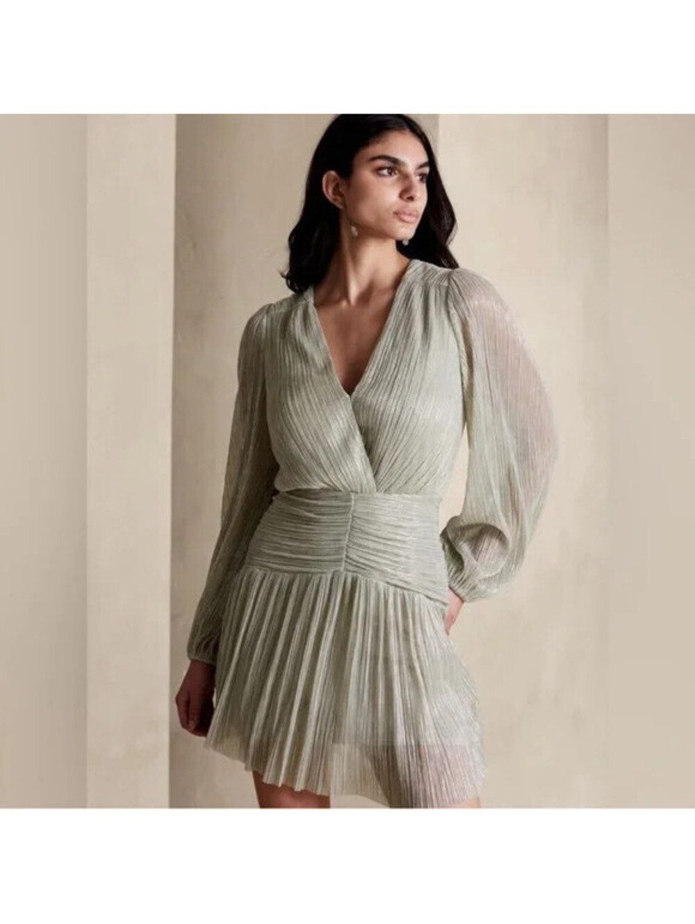 Banana Republic Size 10 NEW Silver Gray Metallic Blouson Long Sleeve Dress Party